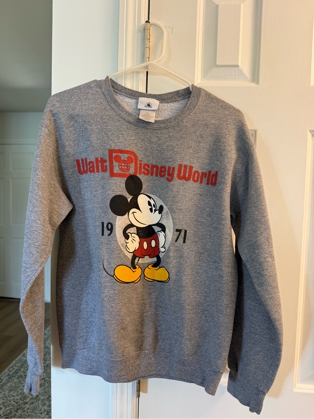 Disney Gray Crewneck Sweater with Mickey Graphic and Red Logo